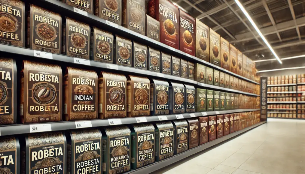 Shelves displaying Indian and Vietnamese Robusta coffee beans