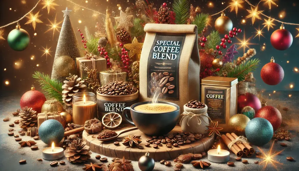 A special coffee blend displayed with seasonal decorations