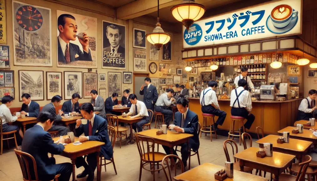 A bustling coffeehouse in the Showa era. Jazz plays in the background as salarymen and students enjoy coffee. The walls are adorned with foreign posters, creating an exotic atmosphere.