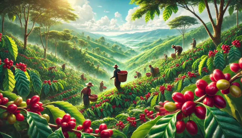 Coffee cherries harvested in Sidamo’s hills. The lush green landscape showcases ripe red cherries on branches, with workers engaged in the harvesting process. A realistic depiction.