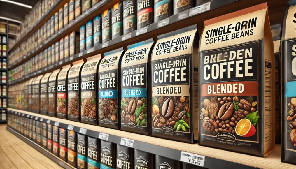 Packages of single-origin and blended coffee beans