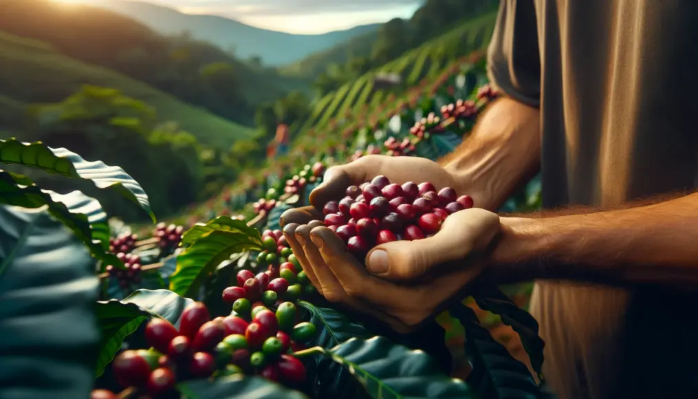 Freshly picked single-origin coffee beans at a coffee farm