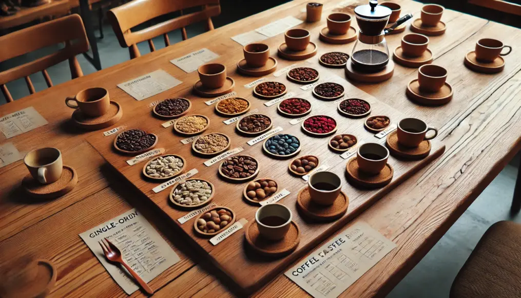 An array of single-origin coffee beans arranged for cupping, showcasing their distinct characteristics