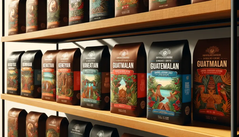 Shelves featuring Kenyan and Guatemalan single-origin coffee beans