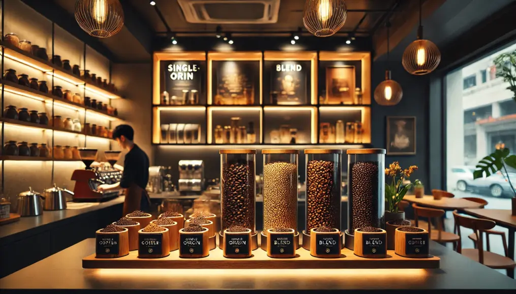 A café counter displaying single-origin and blend coffee beans