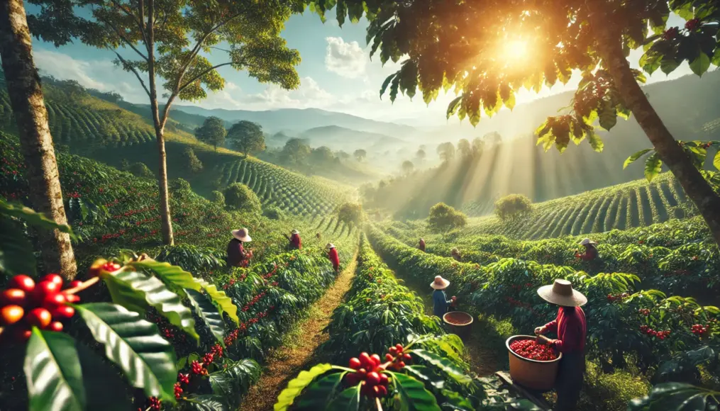 A coffee farm during harvest. Sunlight shines on ripe coffee cherries hanging from branches as workers carefully pick them by hand.