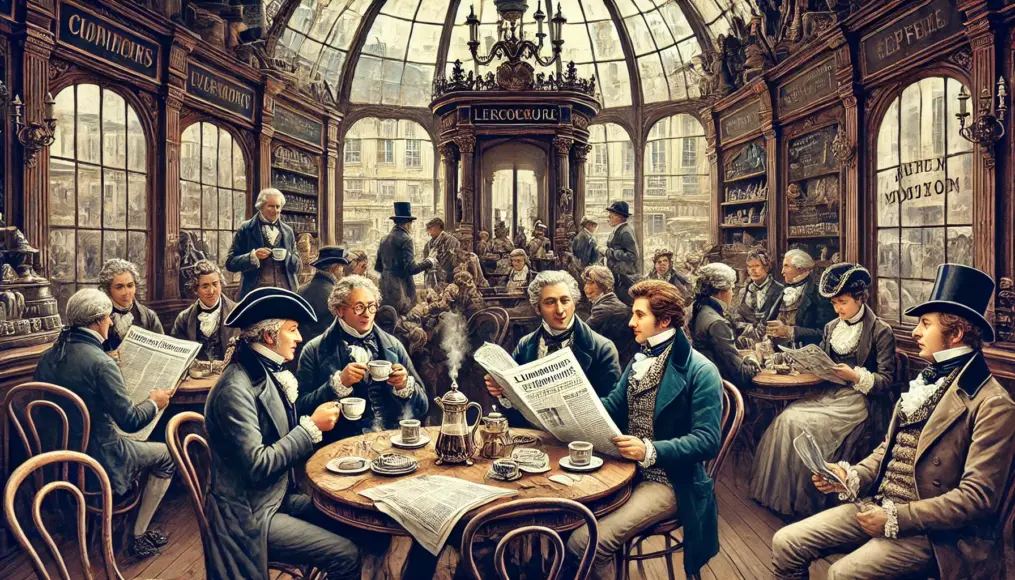 A café scene in 18th-century Paris where aristocrats and commoners share tables, drinking coffee and discussing, with newspapers being read in the background