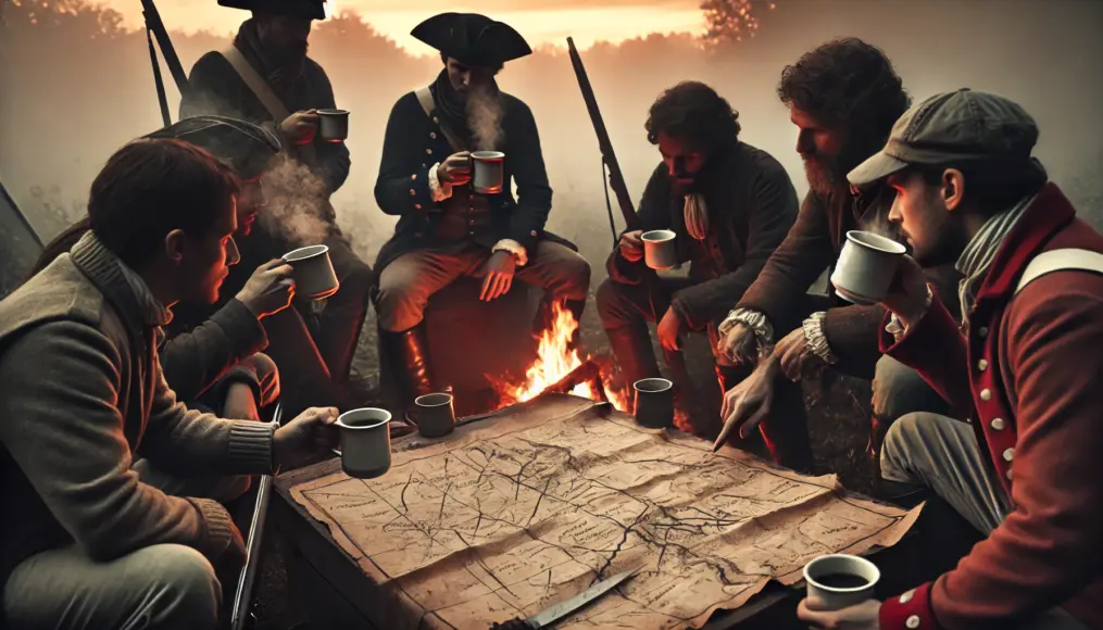 Revolutionary soldiers gathered around a fire, drinking coffee and strategizing