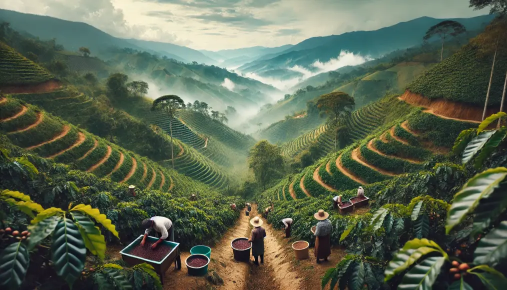 A scenic South American coffee farm stretching across mountainous slopes, with farmers carefully sorting beans by hand.