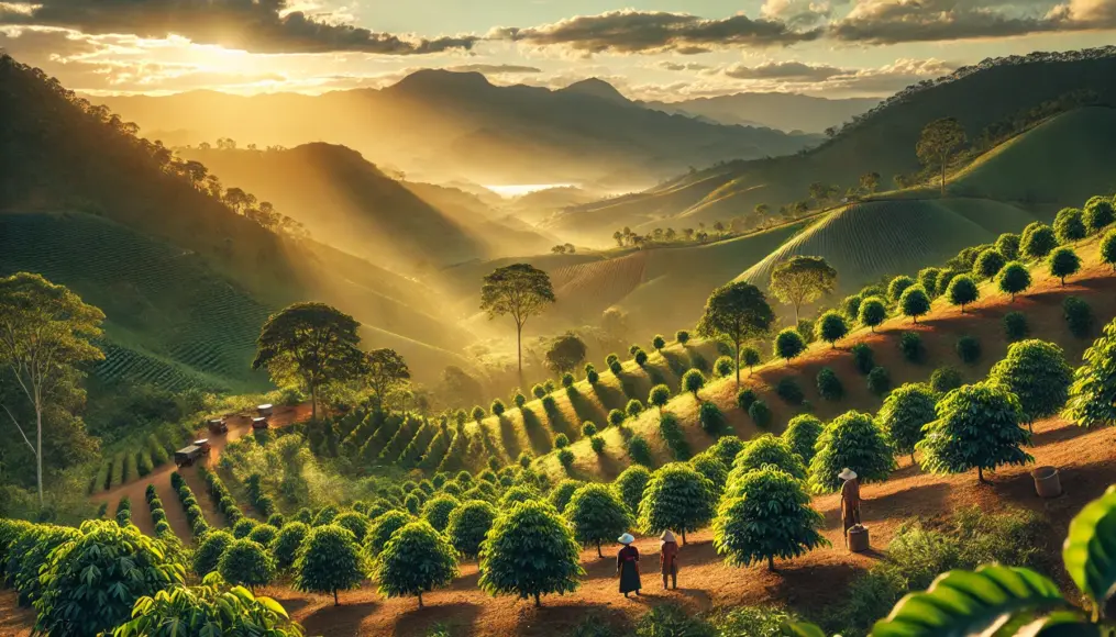 A coffee plantation in South America with young coffee trees neatly arranged on rolling green hills, with mountains visible in the background