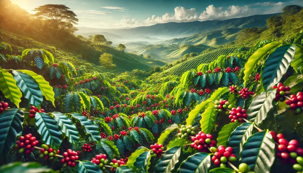 A lush South American coffee farm with green coffee plants and ripe red cherries ready for harvest.