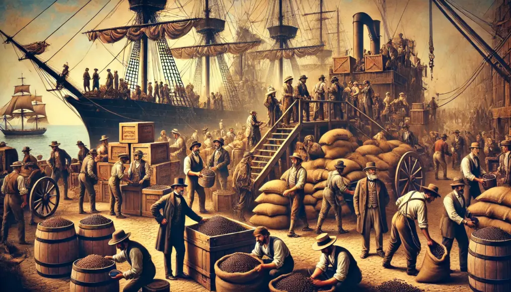 A historical depiction of the development of the South American coffee market. Many people are loading coffee onto ships at a bustling port.