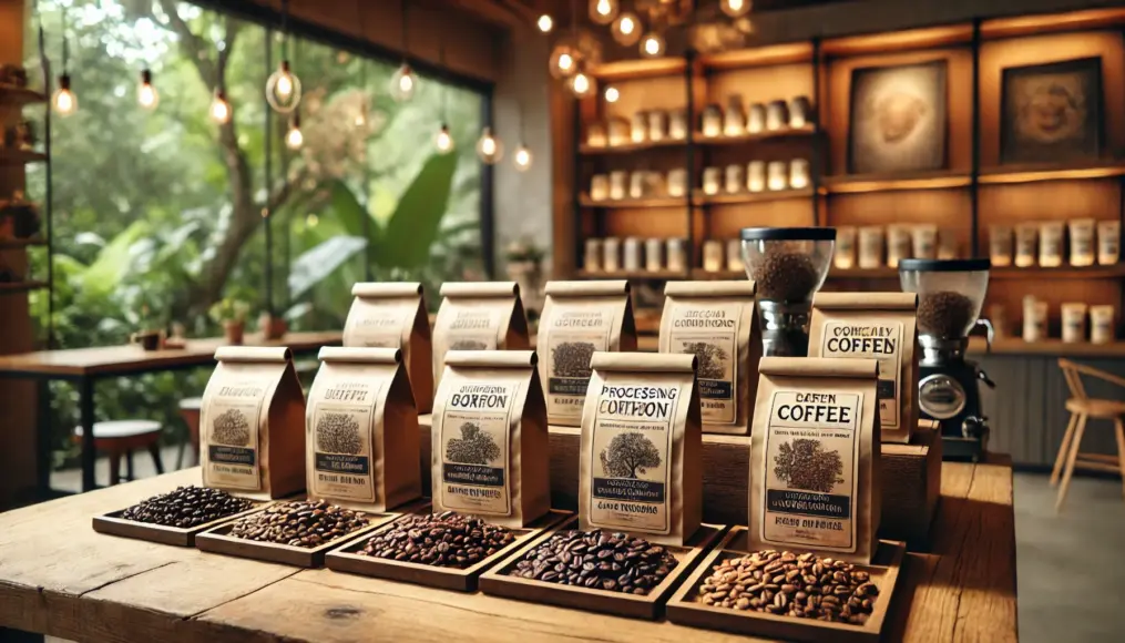 A wooden table displaying an assortment of specialty coffee beans. Each bag is labeled with details about its origin and processing method, showcasing the diverse flavors available. A cozy café setting unfolds in the background.