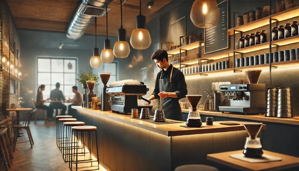 A sleek coffee shop counter serving specialty coffee