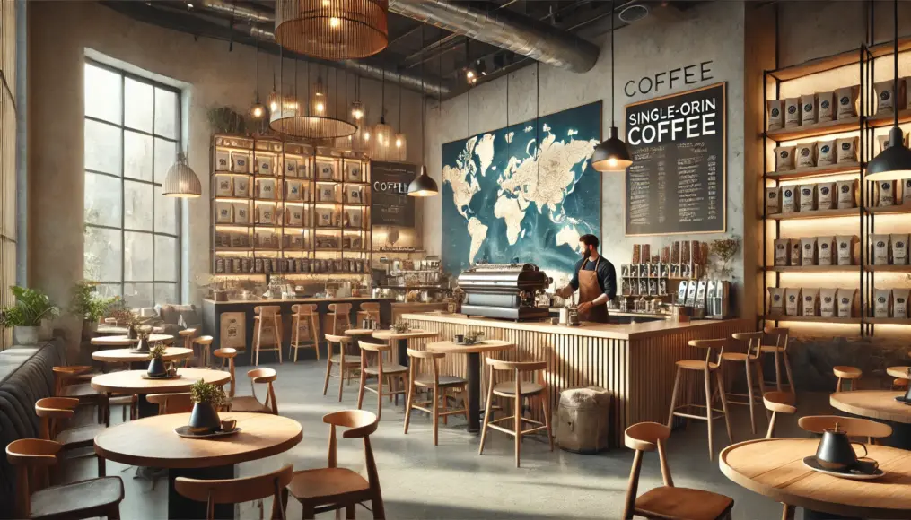 A café interior showcasing the fusion of specialty coffee cultures from around the world