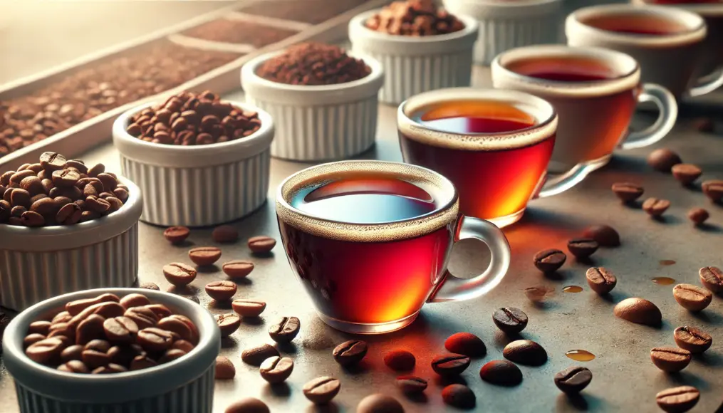 Cups of specialty coffee arranged on a cupping table, showing vibrant and transparent liquid with distinct flavor notes. Coffee bean samples are visible in the background, realistically depicted.