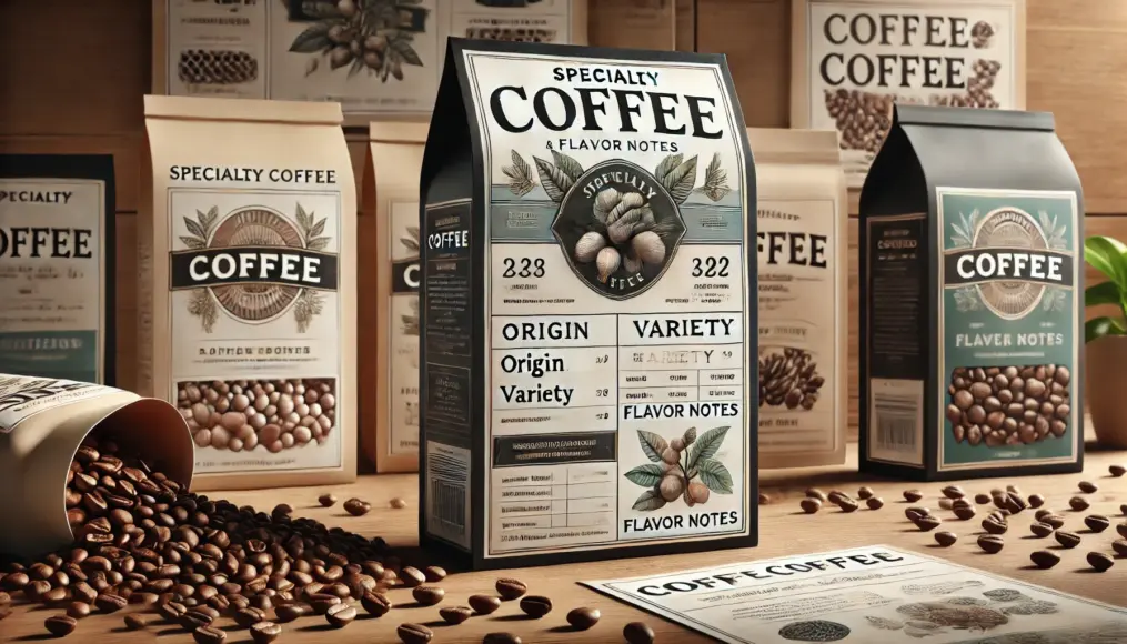 Specialty coffee packaging with detailed information about origin, variety, and flavor notes. The background shows beautiful coffee beans, realistically depicted.