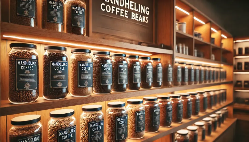 Mandheling coffee beans displayed at a specialty coffee shop. Handwritten labels provide information about its origin and tasting notes.