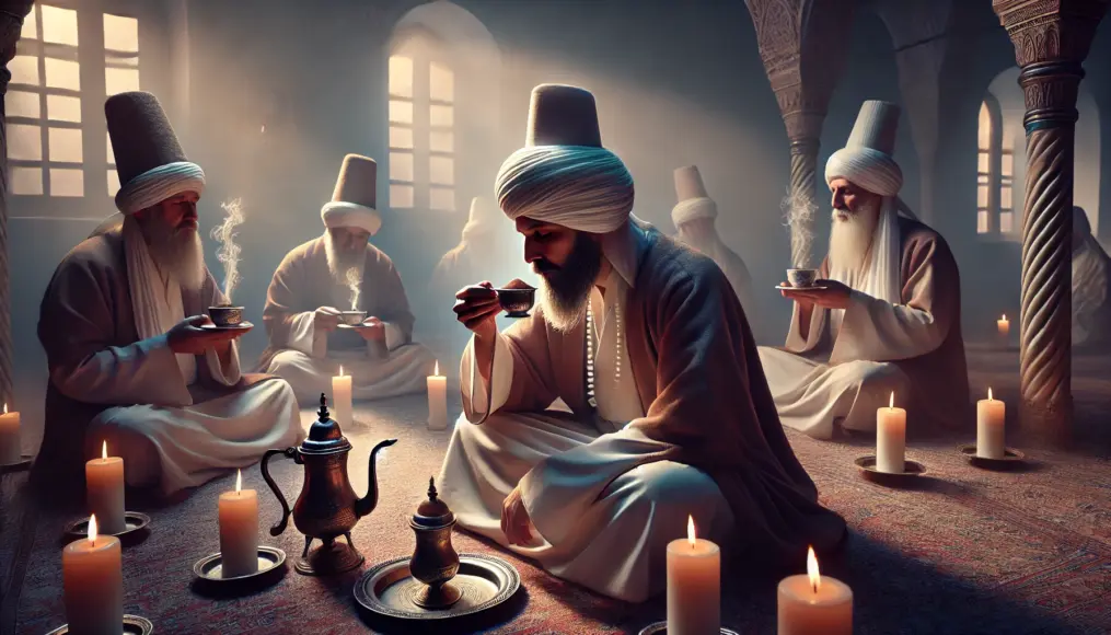 Sufi monks drinking coffee during their prayers