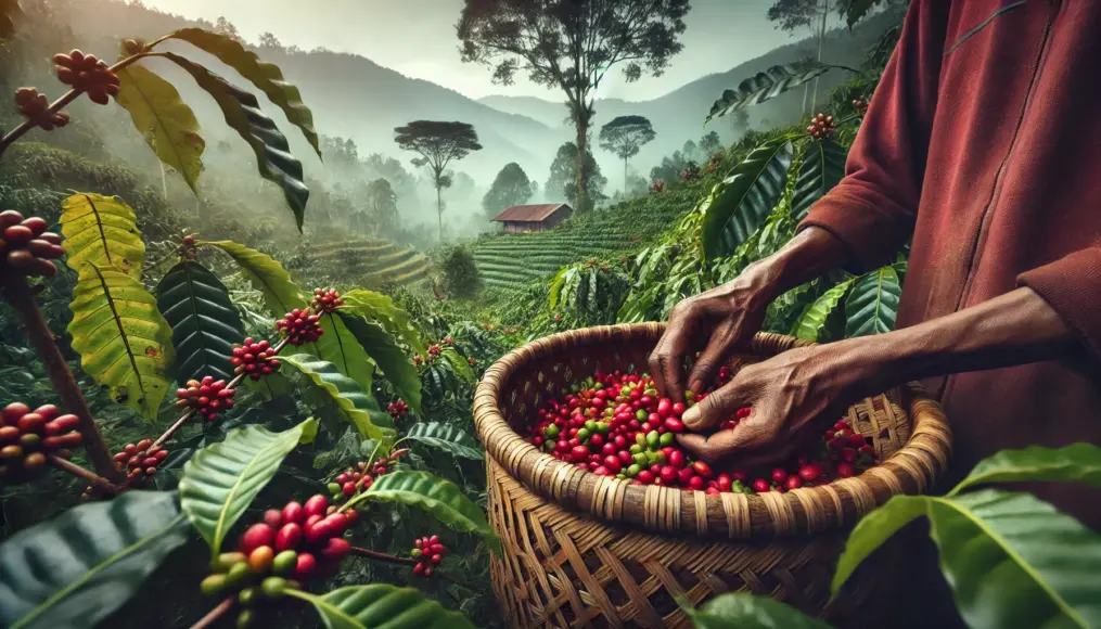 A Sumatra coffee farm. A close-up of a farmer's hands picking ripe, red coffee cherries and placing them into a basket.