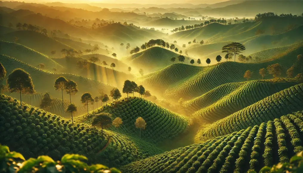 A vast coffee plantation in Sumatra with neatly arranged coffee trees on hilly terrain, bathed in the morning sun.