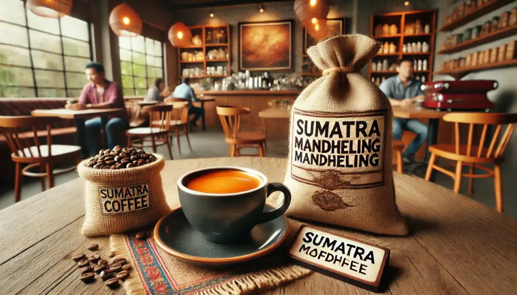 Mandheling coffee enjoyed in cafés worldwide. A deep-colored cup of coffee sits in the foreground, with Sumatra coffee bean bags displayed behind it.