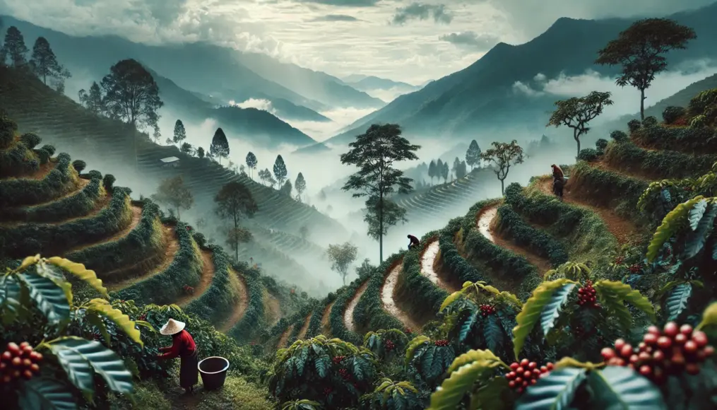 A high-altitude coffee farm in Sumatra. Coffee trees stretch across misty mountains as farmers handpick the ripe cherries.