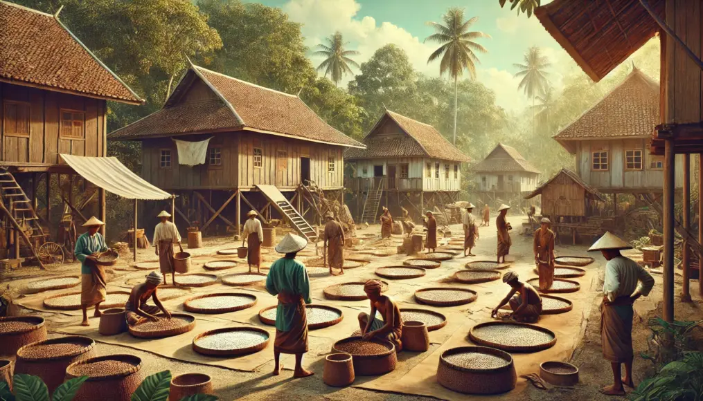 A historical depiction of Sumatra during the Dutch colonial era. Farmers in traditional attire sun-dry coffee beans in a village setting.