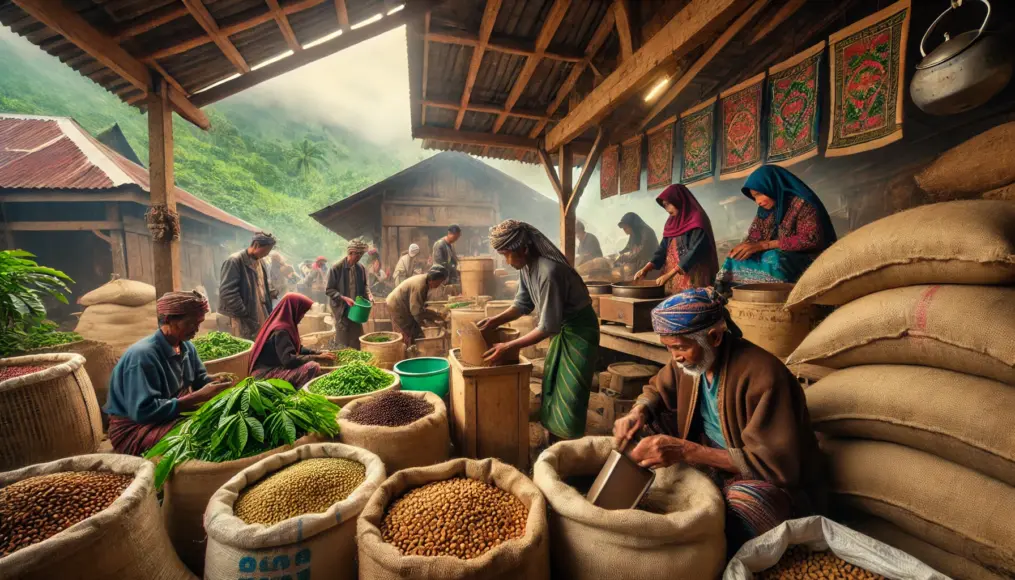 A traditional market in Sumatra where coffee beans are sold. Mandailing people are seen hand-packing coffee beans into burlap sacks.