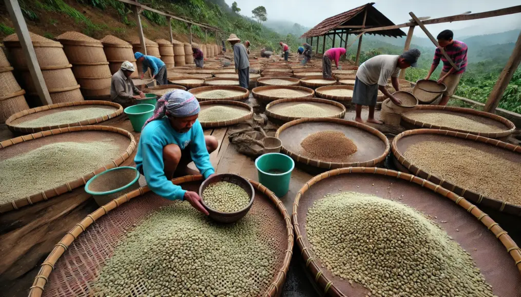 Coffee beans processed using the Sumatra method. The wet-hulled greenish beans are drying while farmers hand-sort them.