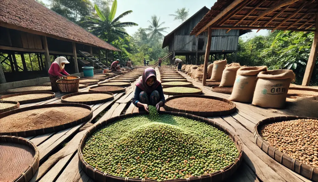 A Sumatra coffee processing site. Farmers hand-sort freshly hulled green beans, spreading them out to dry.