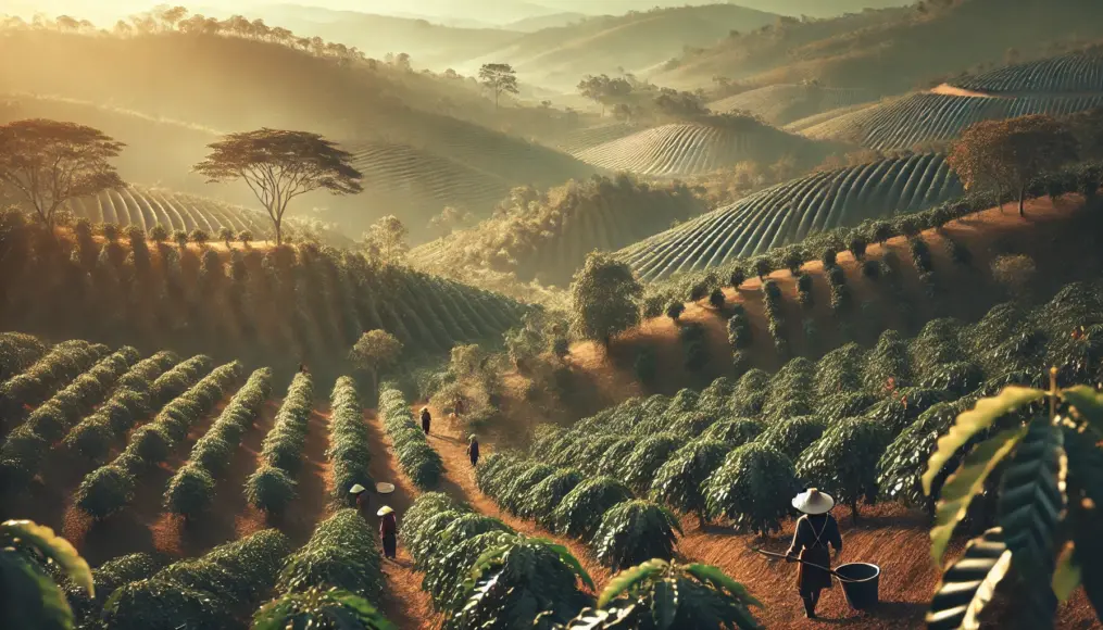 A vast coffee farm practicing environmentally friendly cultivation. Rows of coffee trees stretch across the hilly landscape as farmers carefully tend to the crops.