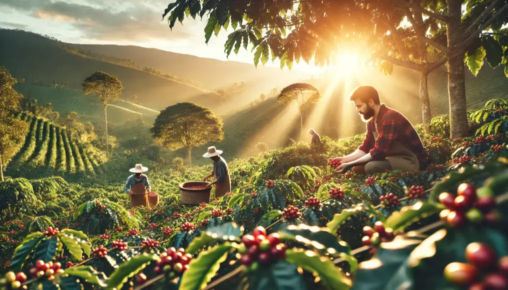 Farmers engaged in sustainable coffee cultivation. Under the sun, they are carefully harvesting ripe coffee cherries.