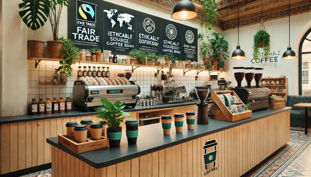 A sustainable coffeehouse counter, displaying reusable cups and ethically sourced coffee beans.