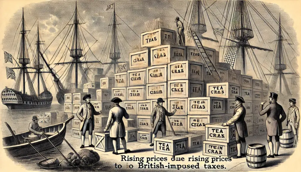 Tea crates piled at a colonial port, reflecting rising costs due to British-imposed taxes