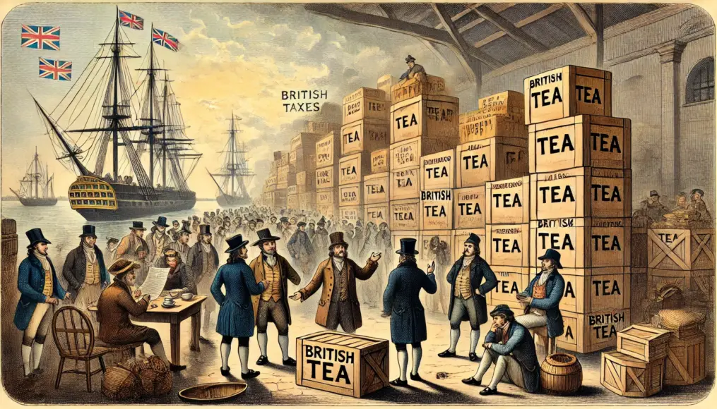 Tea crates stacked at a colonial port, prices rising due to British taxation policies