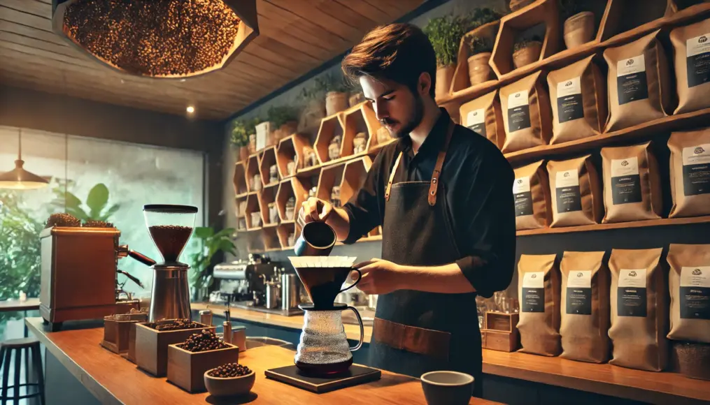 A barista carefully brewing Third Wave Coffee using a pour-over method. In the background, specialty coffee beans are displayed, and the interior features a warm wooden design.