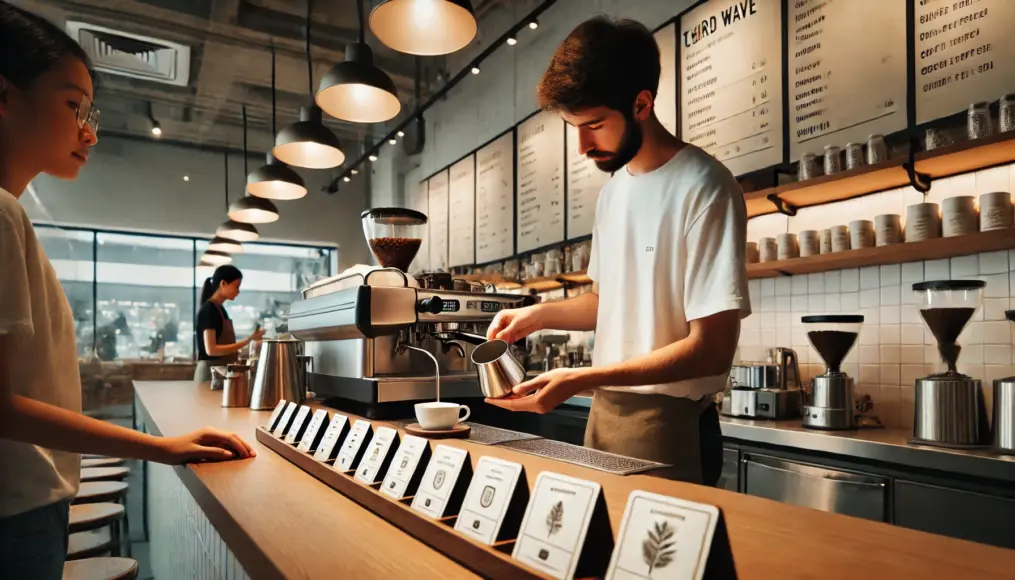 A barista at a Third Wave coffee shop serving a carefully brewed coffee. Small cards displaying the coffee’s origin are lined up on the counter, and the minimalist yet refined interior highlights the café’s dedication to quality.