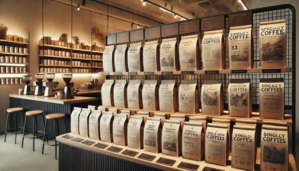 A shelf filled with specialty coffee bags. Each bag is labeled with details about origin, farm, and processing method, highlighting the importance of traceability in Third Wave Coffee.