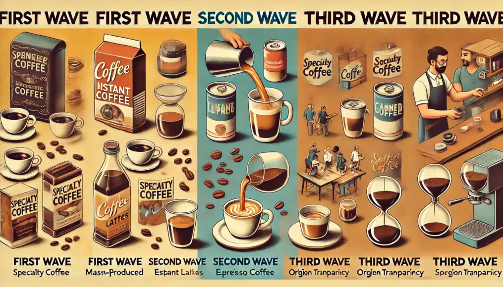 A comparison chart of First Wave, Second Wave, and Third Wave Coffee. It visually highlights the differences: mass-produced coffee in the First Wave, café culture and lattes in the Second Wave, and specialty coffee in the Third Wave.