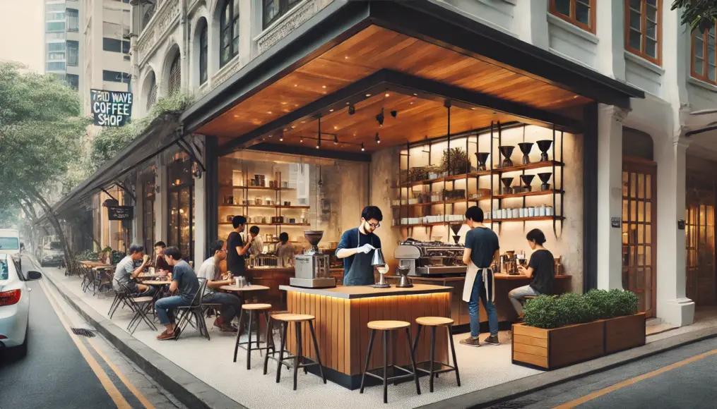 A Third Wave coffee shop in a bustling city café district. People are gathered outside enjoying their coffee, while inside, a barista is carefully brewing coffee using a pour-over method. The café blends modern design with warm wooden elements.