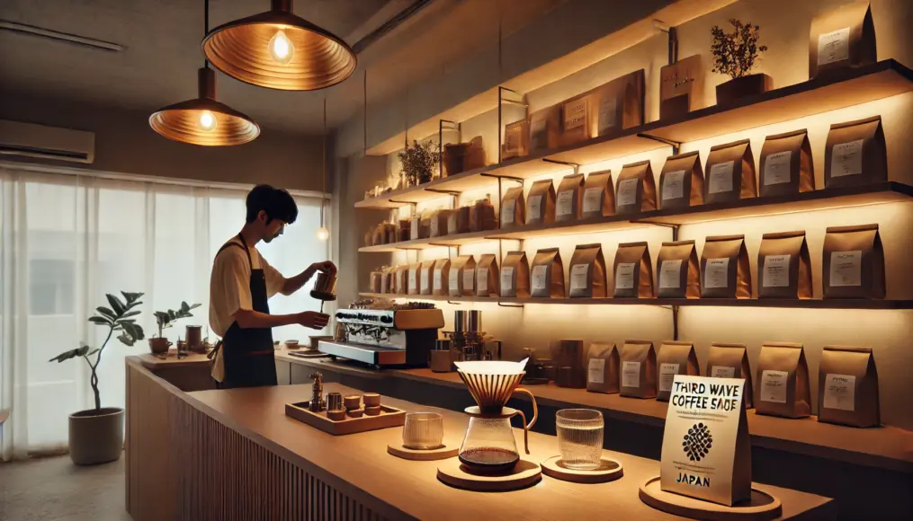 The interior of a Third Wave coffee shop in Japan. A barista stands behind a wooden counter carefully brewing coffee, while shelves in the background display bags of specialty coffee. Warm lighting creates a cozy and inviting atmosphere.