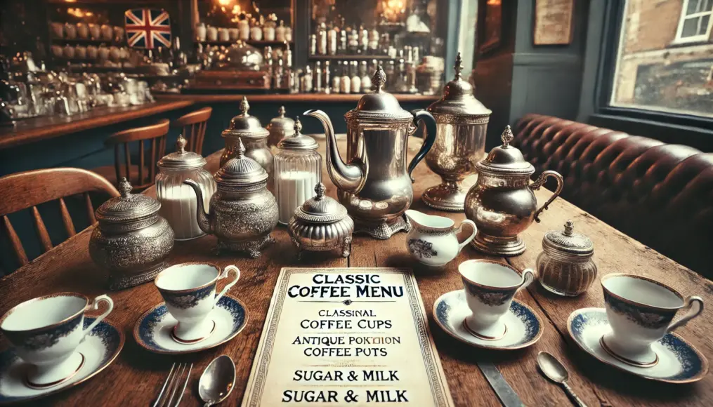 A wooden table in a traditional British coffeehouse, featuring antique cups, a coffee pot, and a selection of classic drinks.