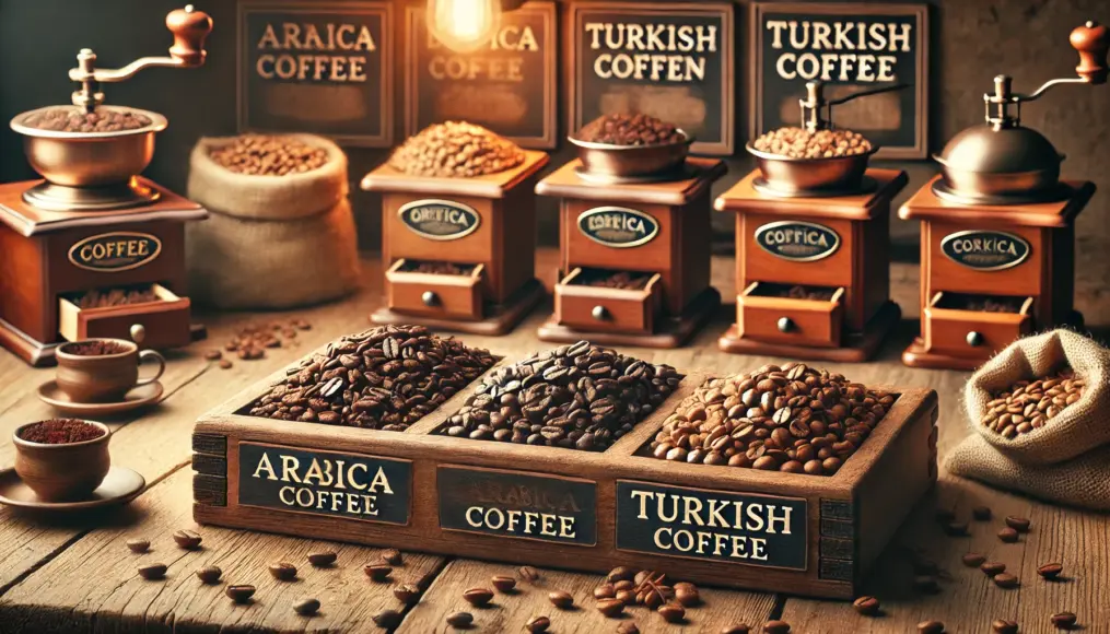 A wooden table displaying coffee beans suitable for Turkish coffee. Arabica beans and Turkish-origin beans are arranged for comparison, showcasing their unique characteristics.