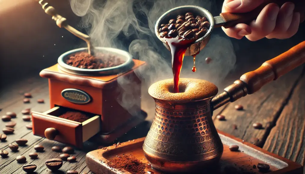 A person pouring water and coffee grounds into a cezve to brew Turkish coffee