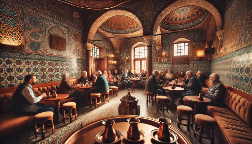 People enjoying Turkish coffee in an Ottoman-era café