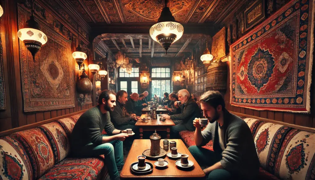 People enjoying coffee inside a traditional Turkish coffeehouse