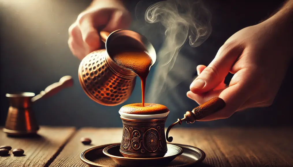 A barista carefully pouring Turkish coffee from a cezve into a small cup