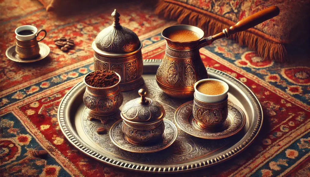 A traditional Turkish coffee set placed on a silver tray, featuring a copper cezve and finely ground coffee