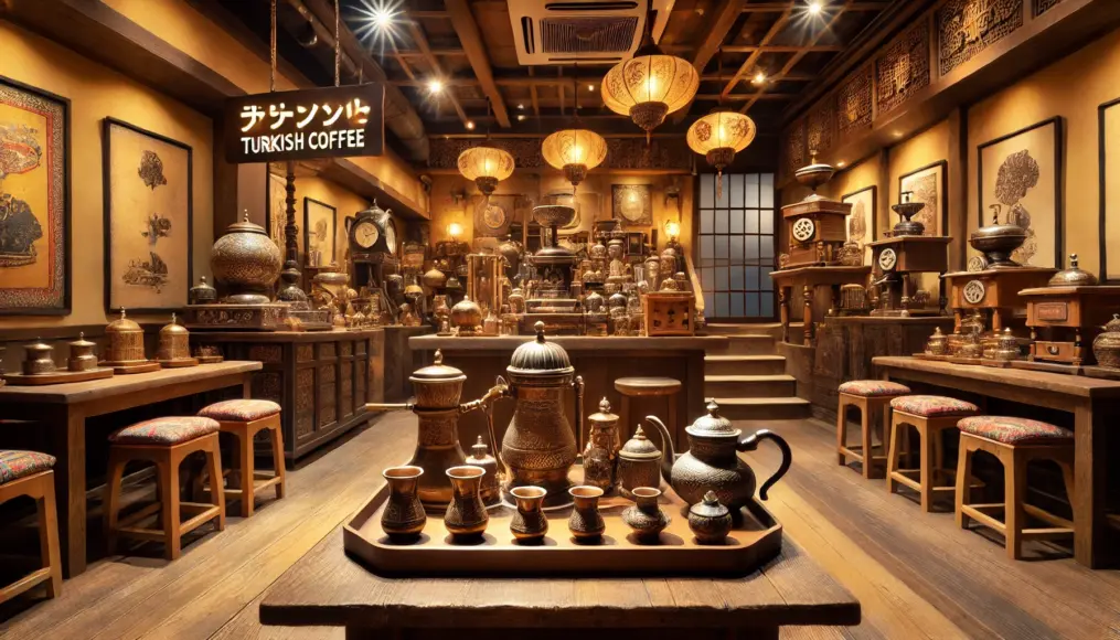 Interior of a Turkish coffee shop in Japan. Traditional Turkish coffee sets are displayed, creating an exotic atmosphere where customers can enjoy authentic Turkish coffee.